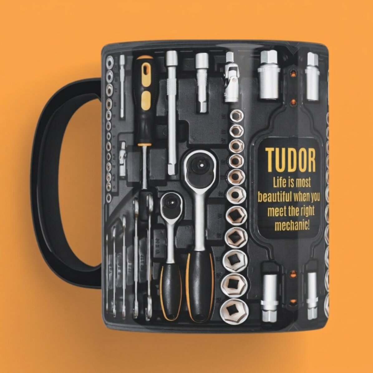 Personalised black mug with text for Mechanic