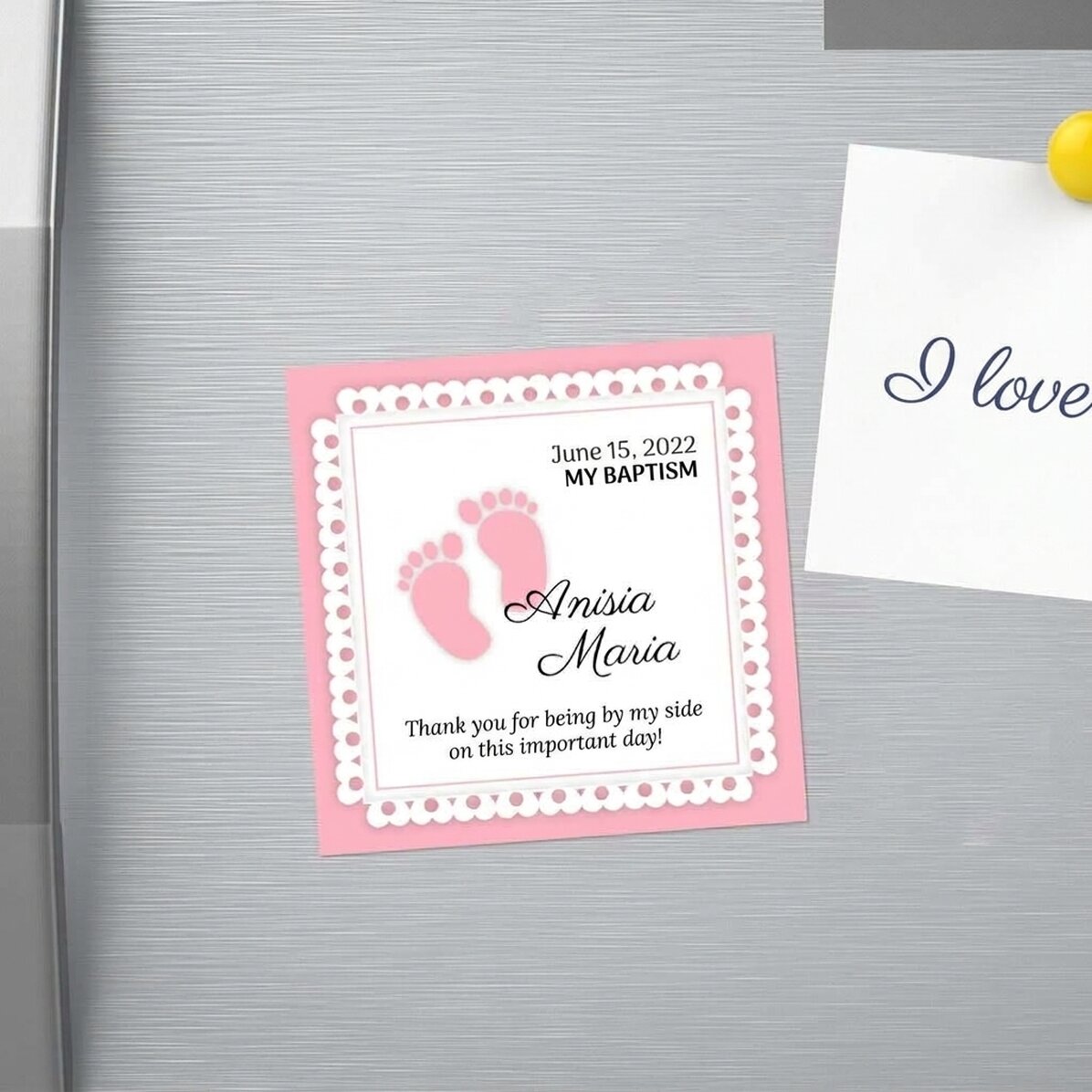 Personalised 10x10 baptism magnet with text - Picioruse