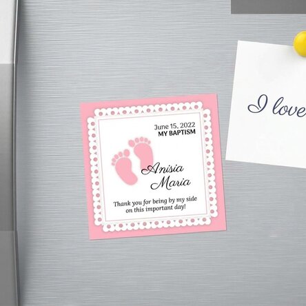 Personalised 10x10 baptism magnet with text - Picioruse