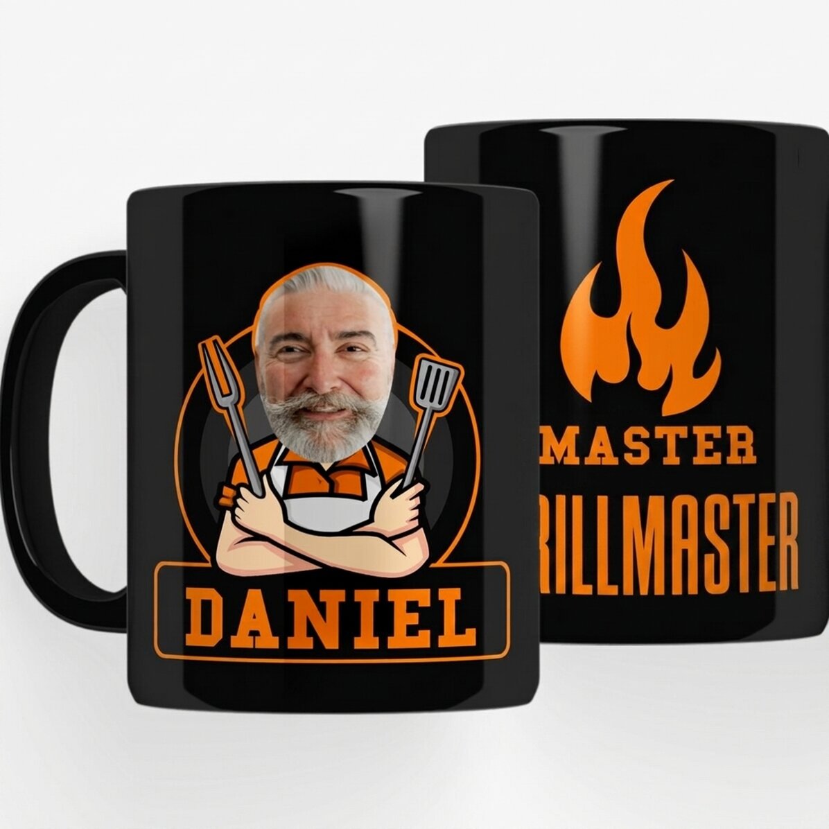 Personalised black mug with text for barbecue enthusiasts