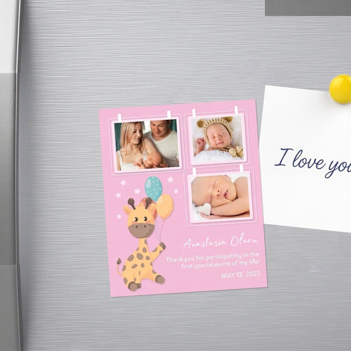 Personalised 10x12 cm magnet with 3 photos and text - Baby