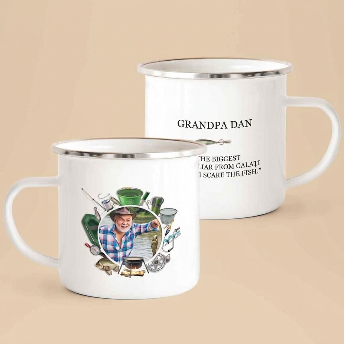 Enamelled metal mug with a picture and message for fishermen