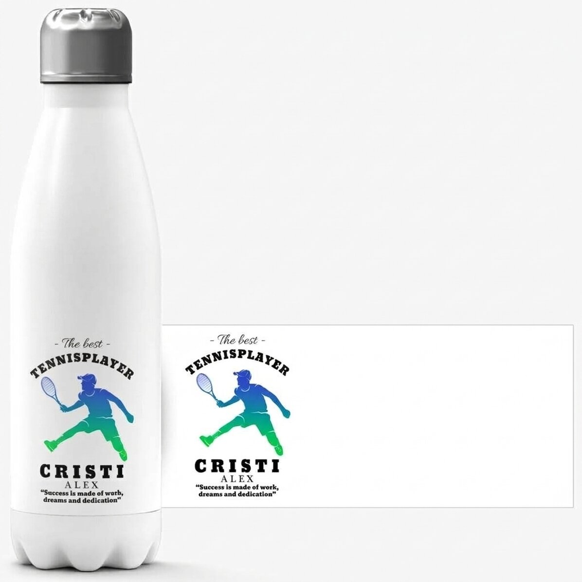 Thermos with white base personalised with name and text - Tennis player