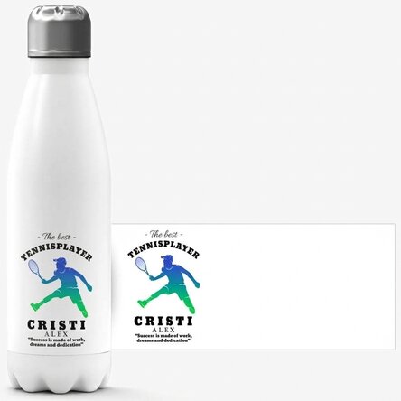 Thermos with white base personalised with name and text - Tennis player