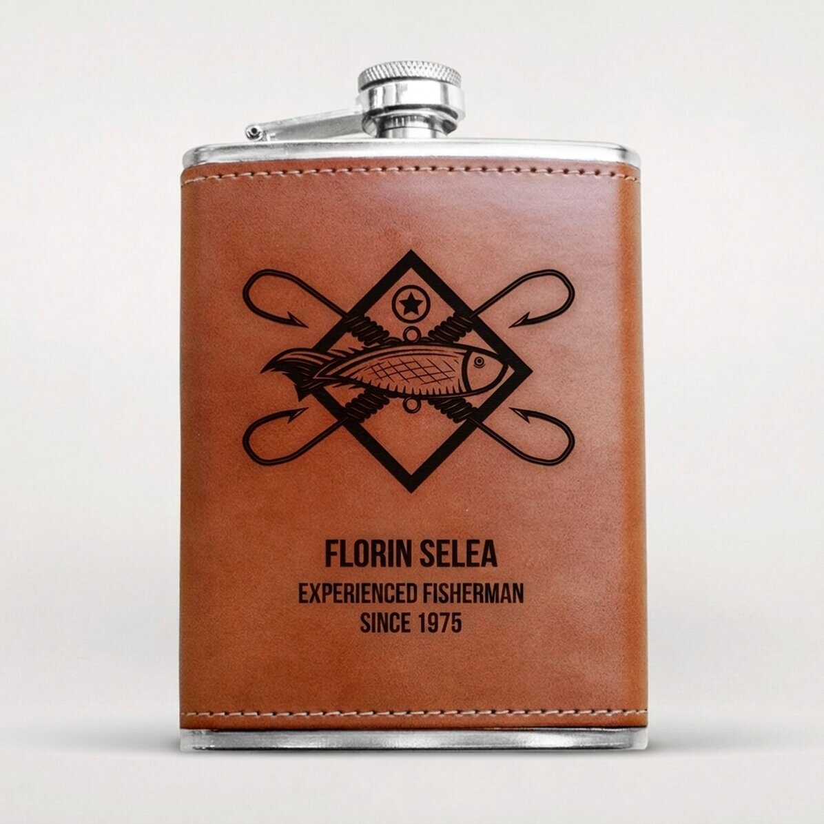 Pocket flask covered in leather, personalised with text for fishermen