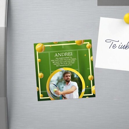 Personalised 10x10 magnet with photo and text - Tennis