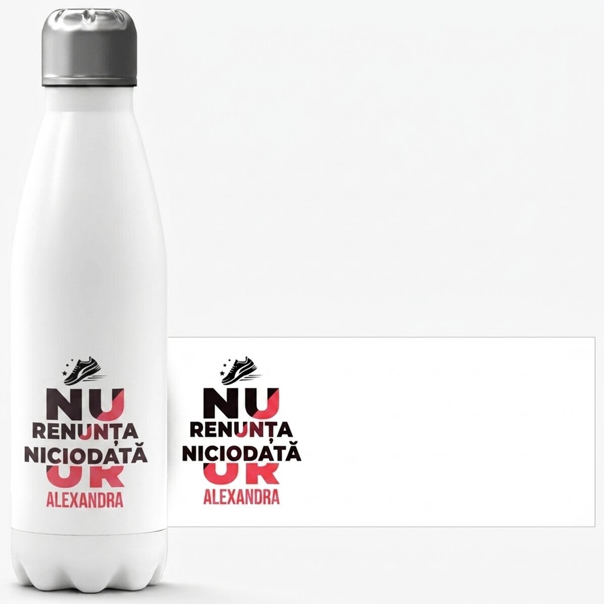 Thermos with white base personalised with name - Never give up