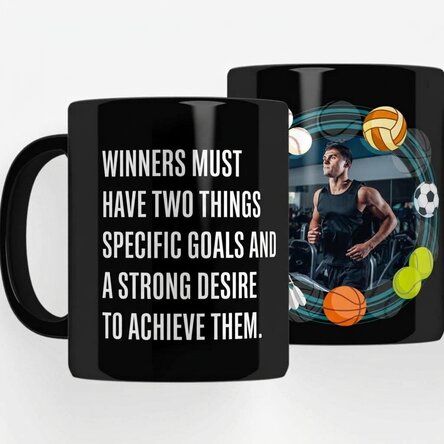 Personalised black mug with text for athletes