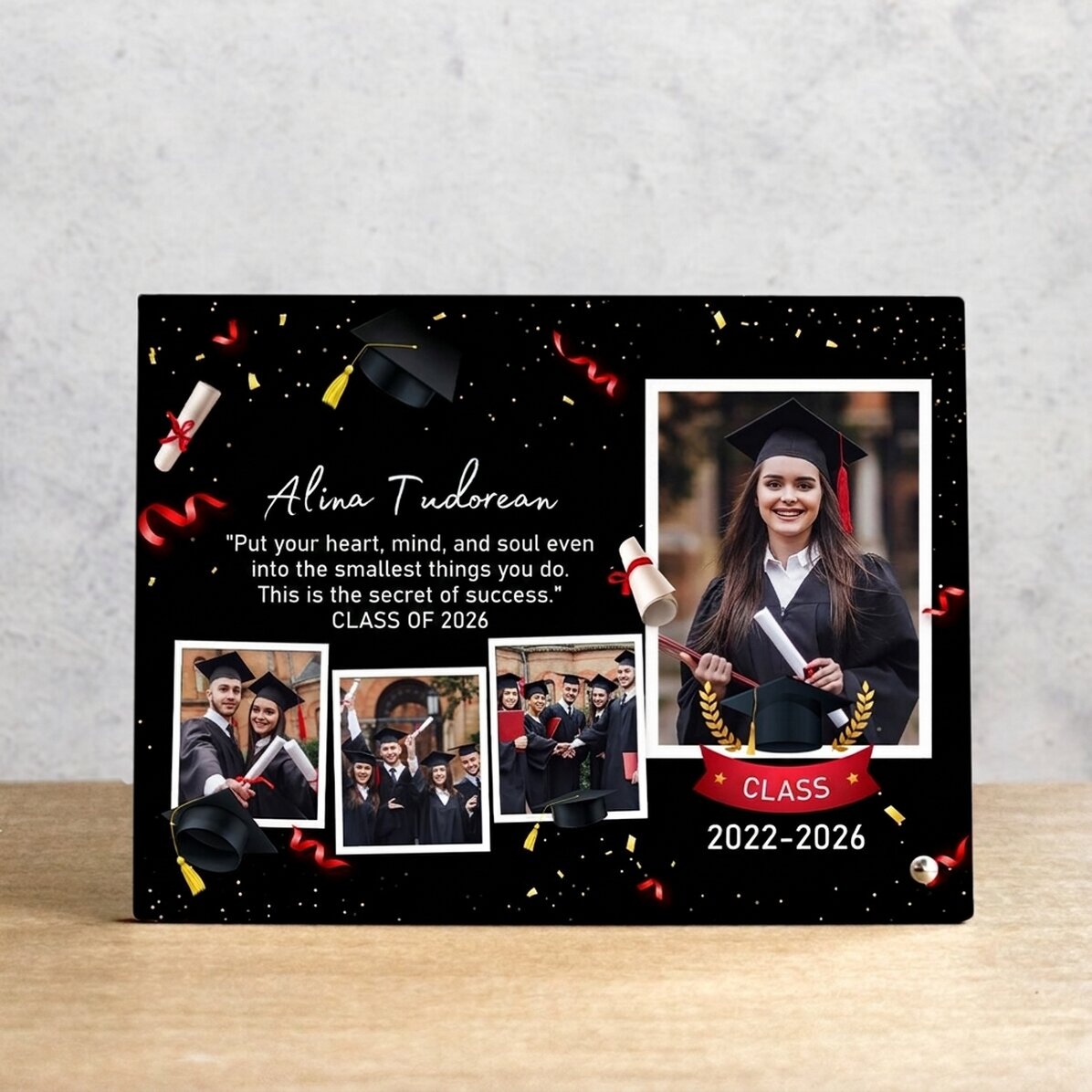 Personalised desk photo frame with 4 photos and text for graduates