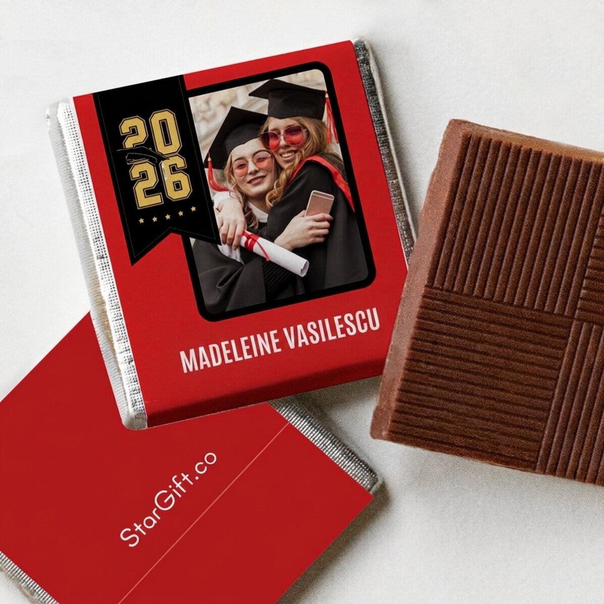 Mini chocolate personalised with name and year for graduates