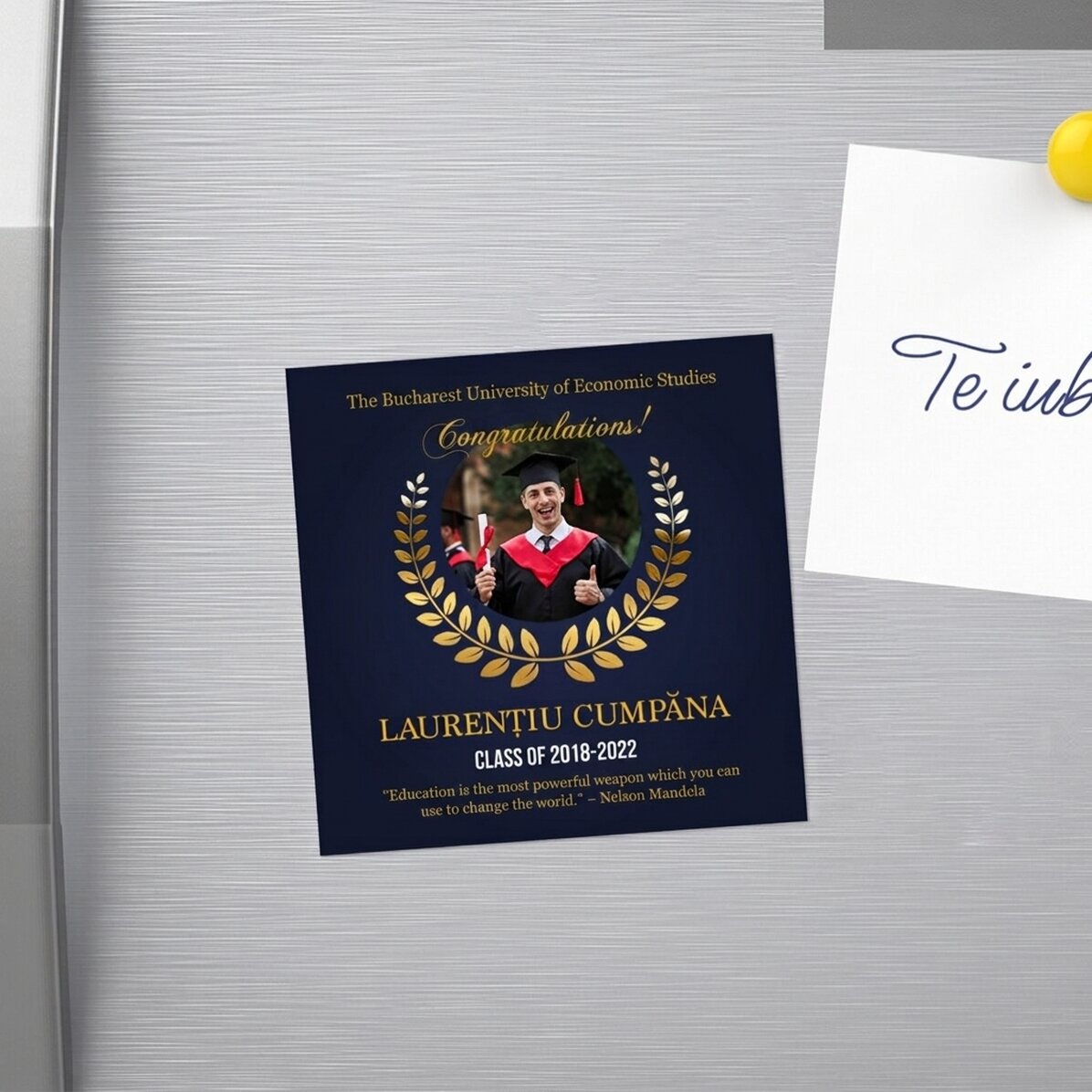 Personalised 10x10 magnet with photo and text for graduation