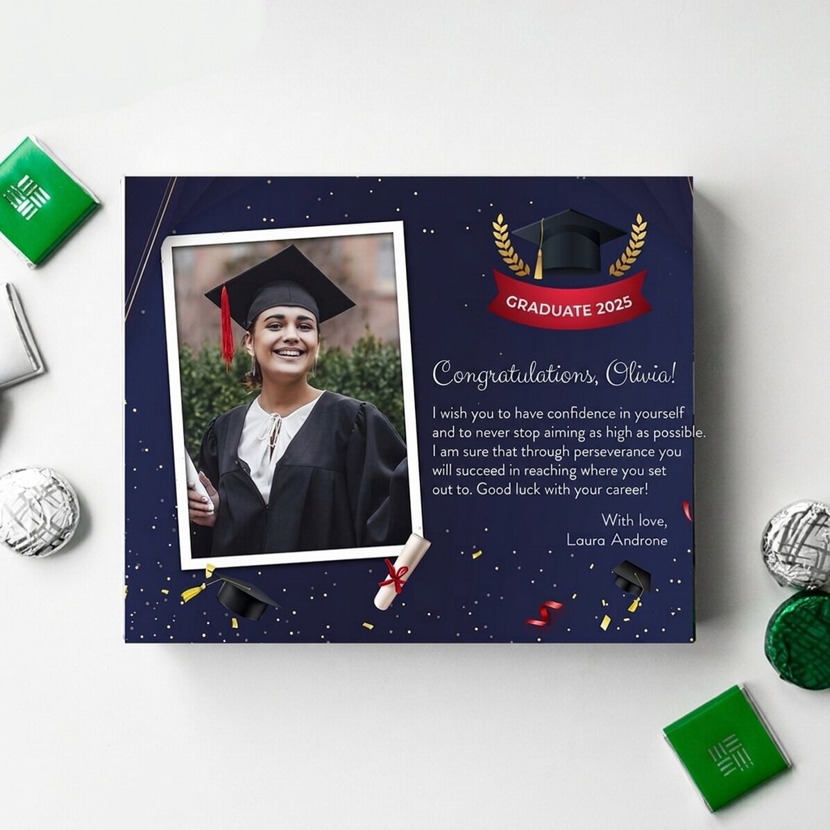 Personalised box of sweets with a photo and graduation message