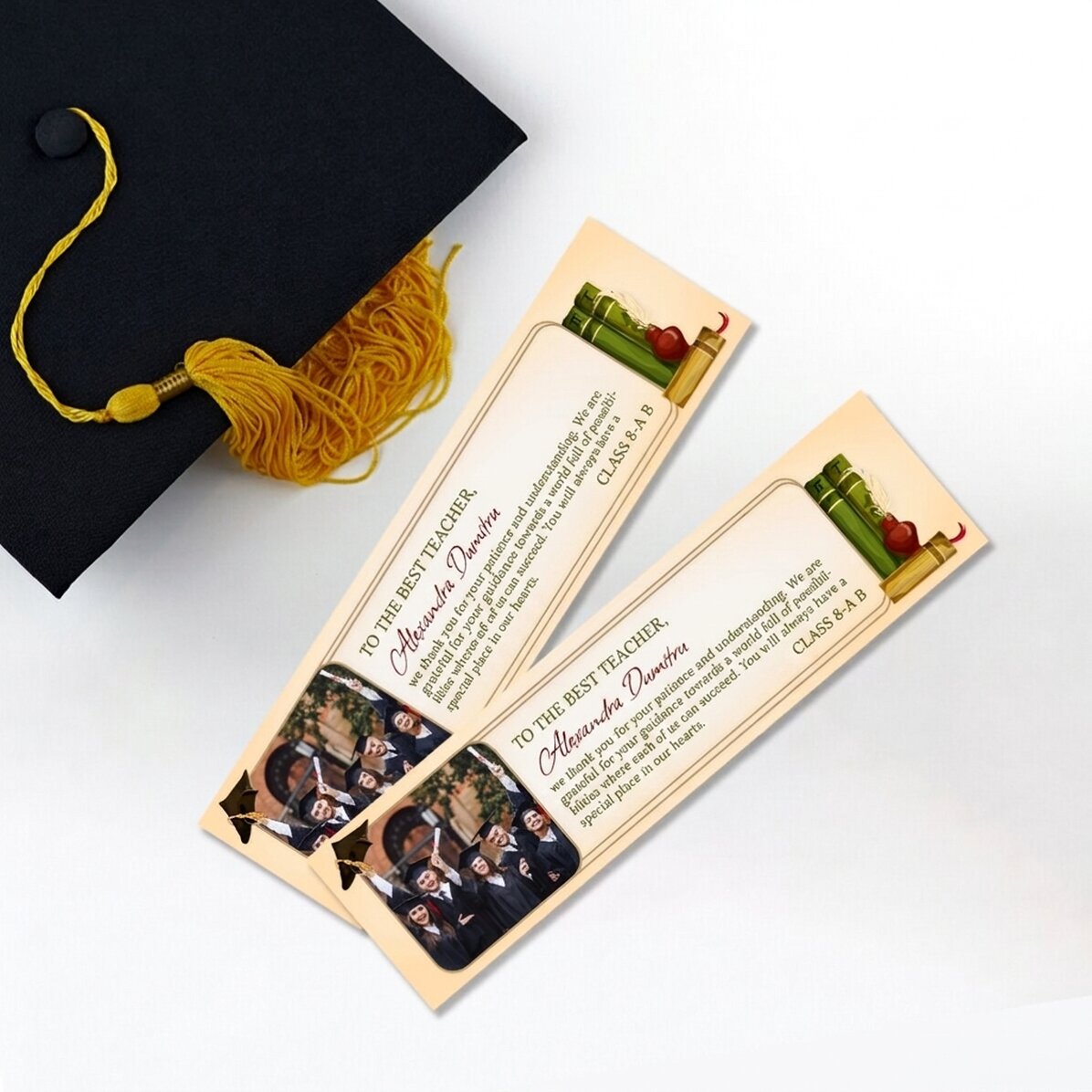 Personalised bookmark with a photo and graduation message for teachers