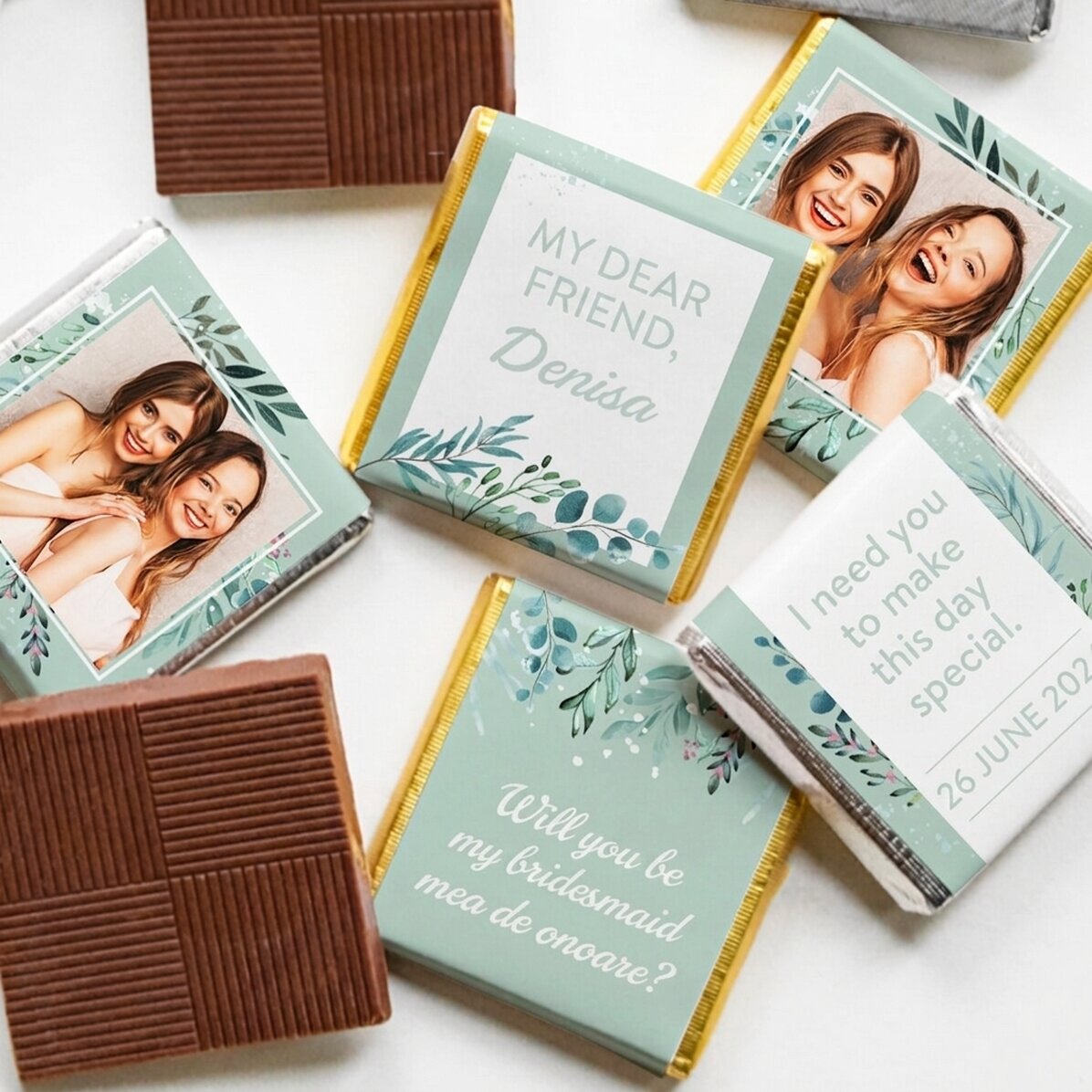 Set of 5 mini chocolates personalised with photos and text for bridesmaids