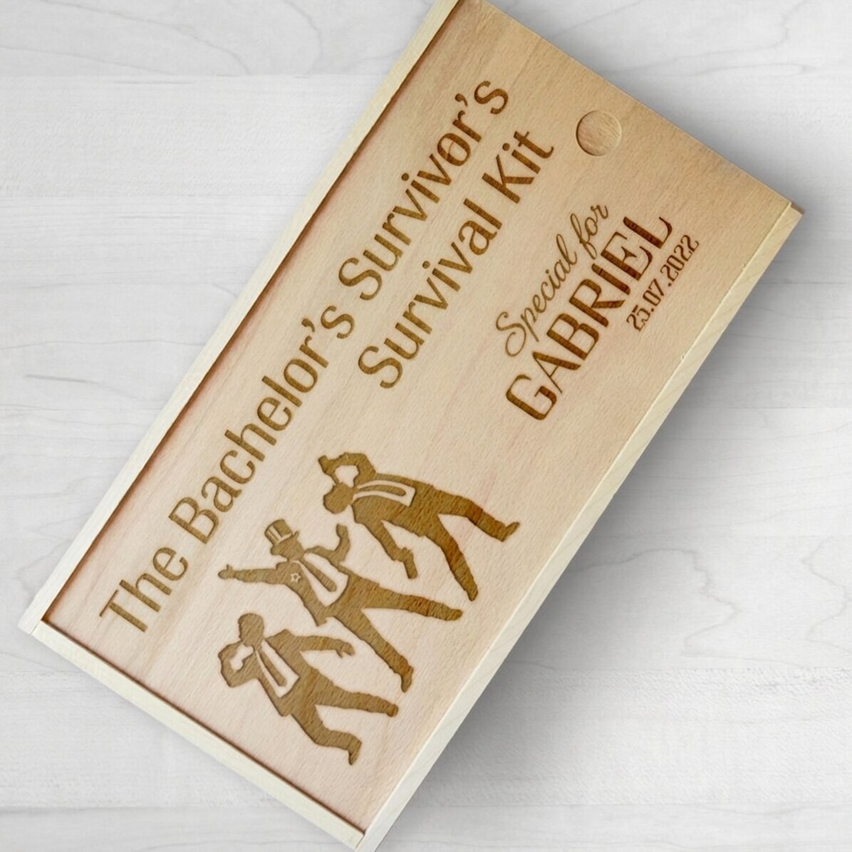 Personalised wooden gift box with message - Survival kit for stag parties