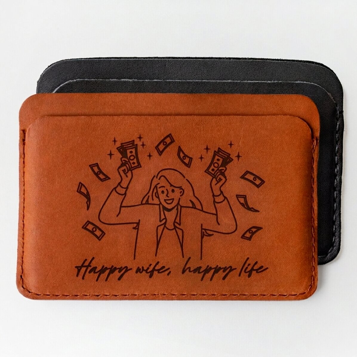 Personalised leather wallet with text - Happy wife, Happy life