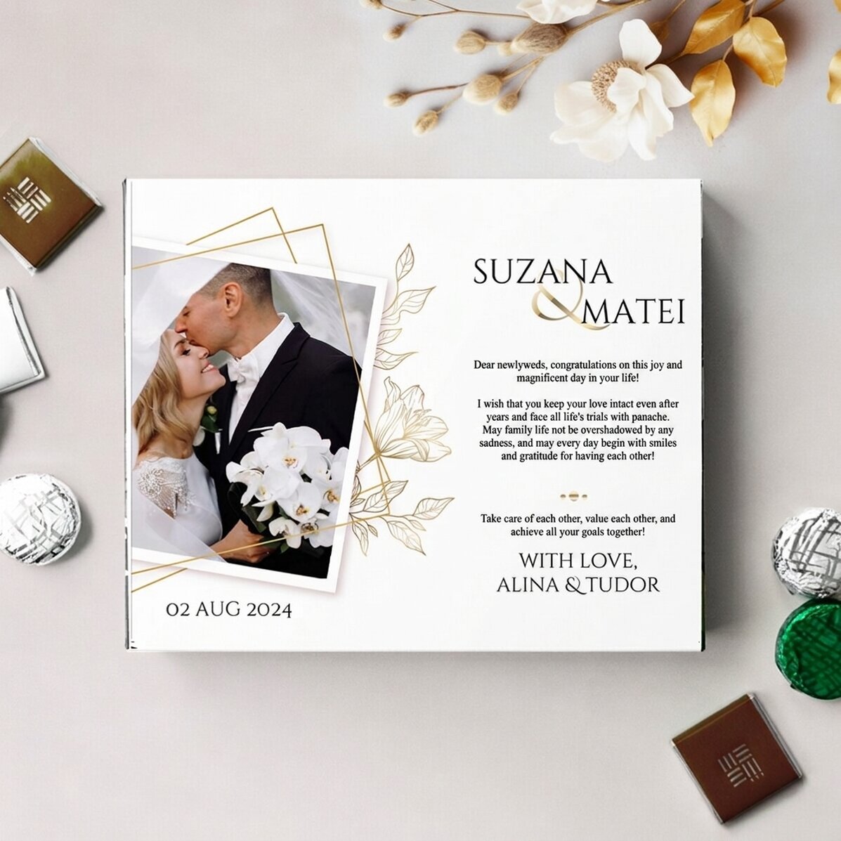 Personalised box of chocolates with message and photo for the bride and groom