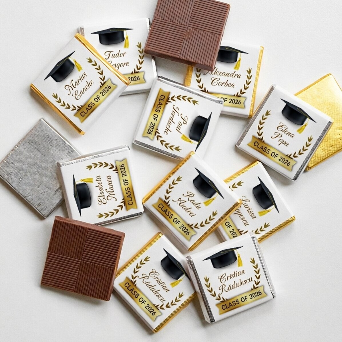 Set of 10 mini chocolates personalised with text for graduates
