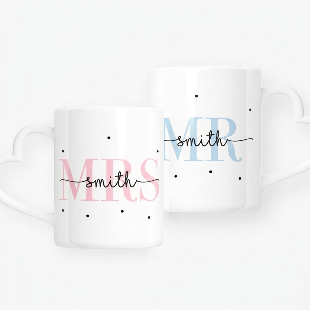 Personalised mugs for couples with text and date - MRS & MR - heart-shaped handle model