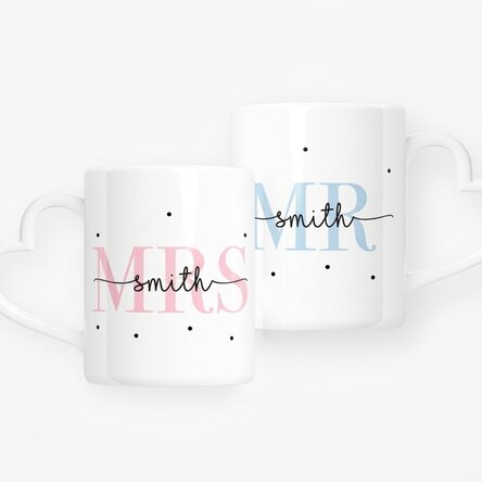 Personalised mugs for couples with text and date - MRS & MR - heart-shaped handle model