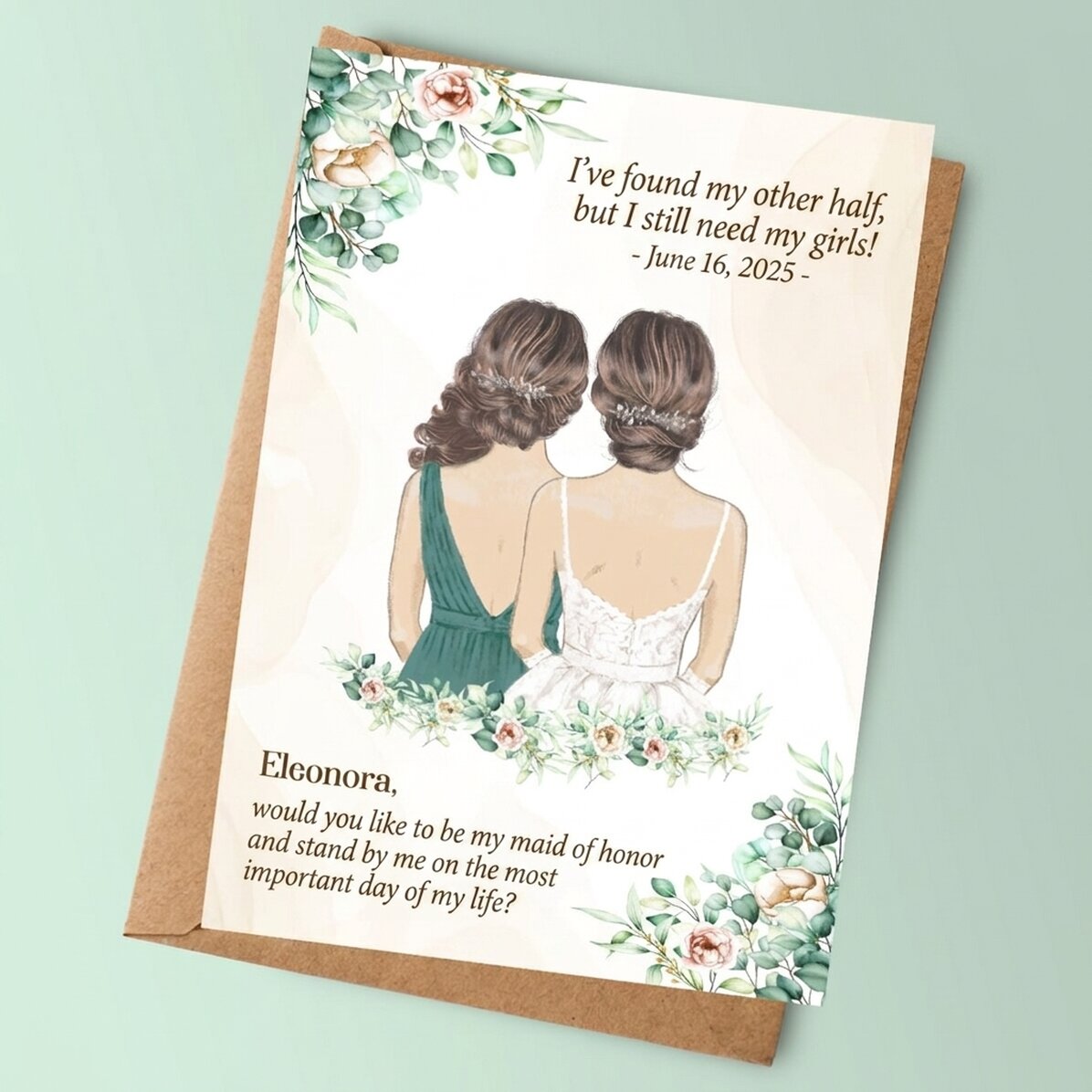 Personalised card with text for bridesmaids