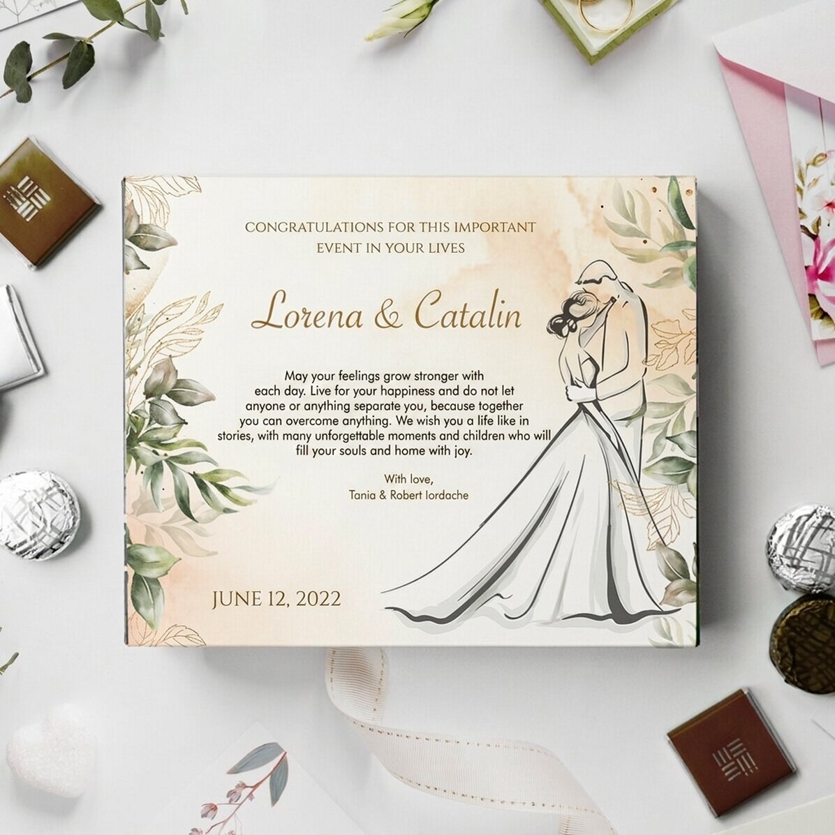 Personalised box of chocolates with wedding message