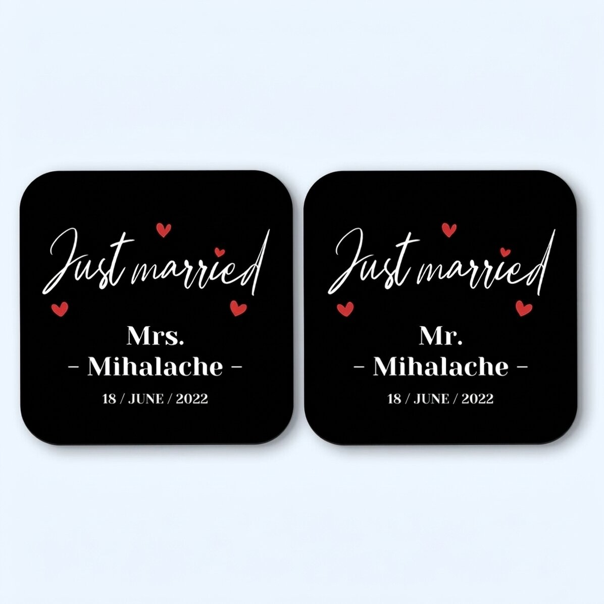 Set of 2 personalised glass holders with text - Just Married