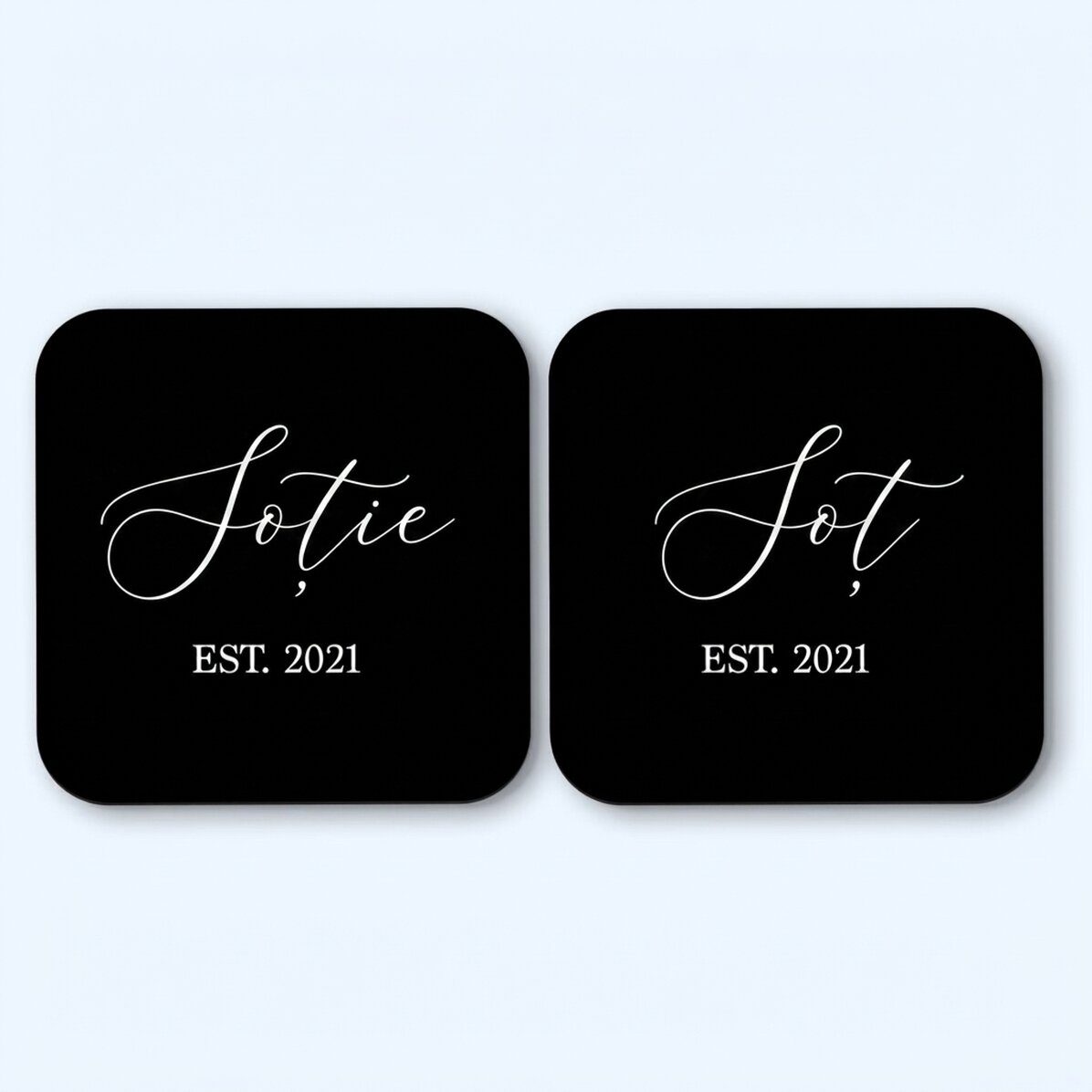 Set of 2 personalised coasters with text - His and hers