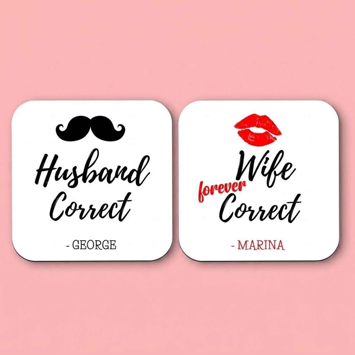 Set of 2 personalised coasters with text - Mr and Mrs Right