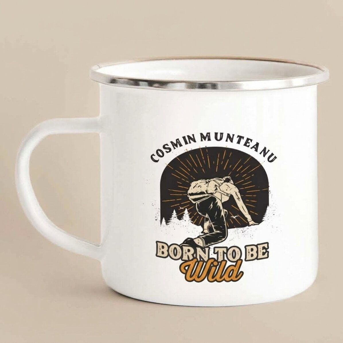 Enamelled metal mug with message for fishermen - Born to be adventurous