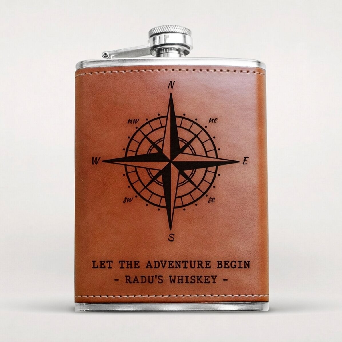 Leather-covered pocket flask personalised with text - Compass