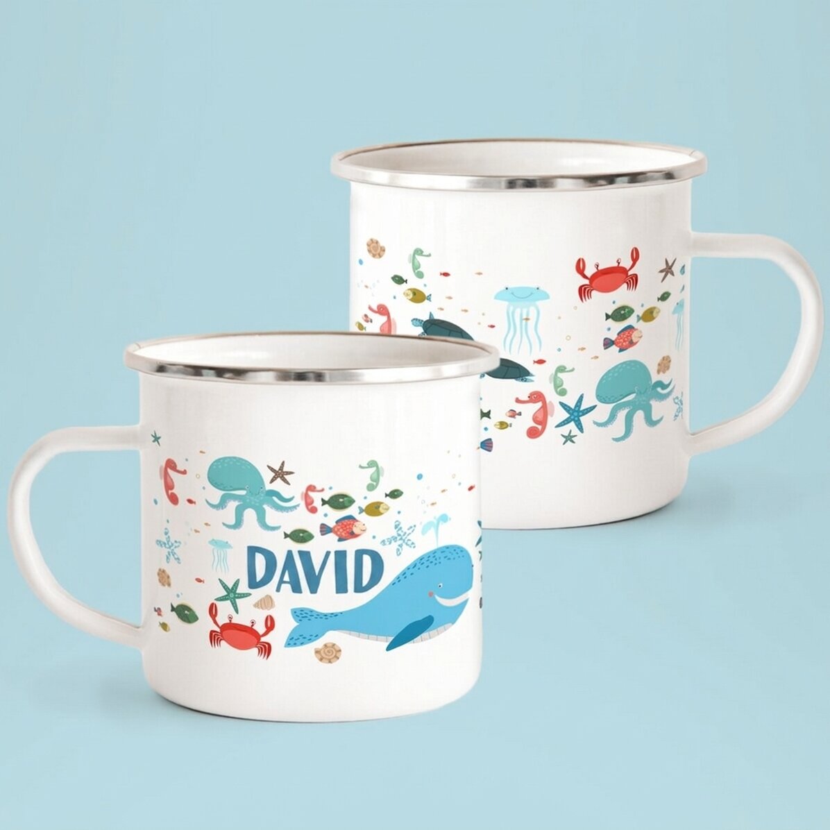 Enamelled metal mug with name for children - Sea friends