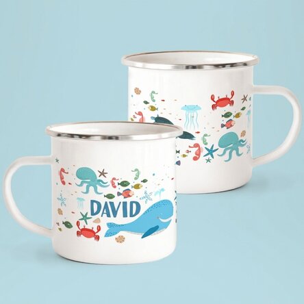 Enamelled metal mug with name for children - Sea friends