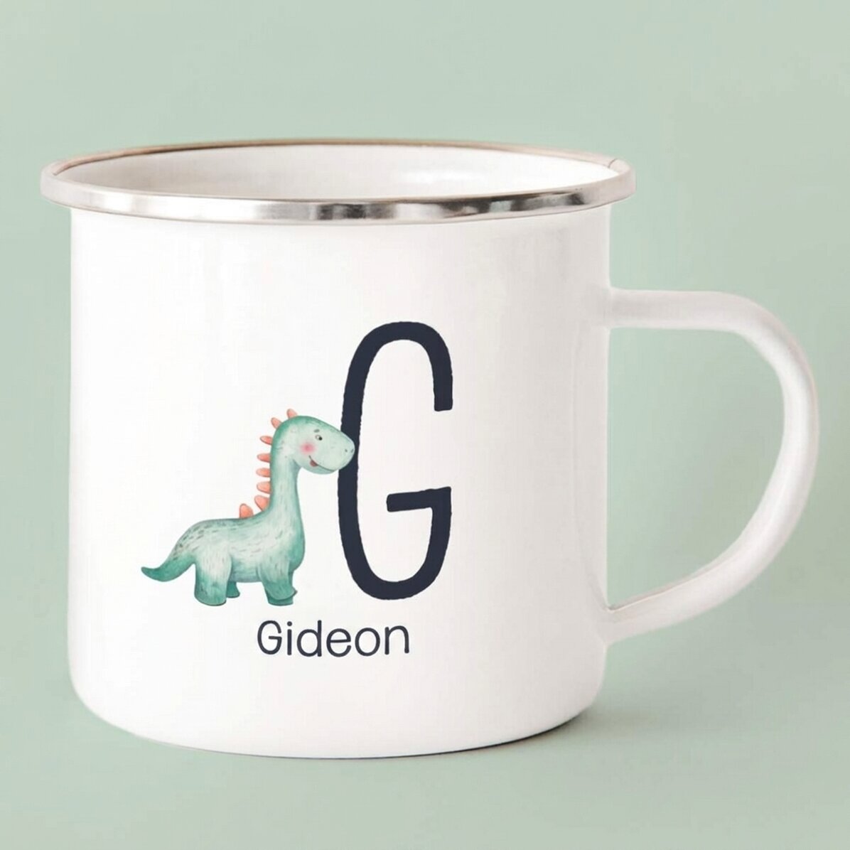 Enamelled metal mug with name and initial for children - Dinosaur