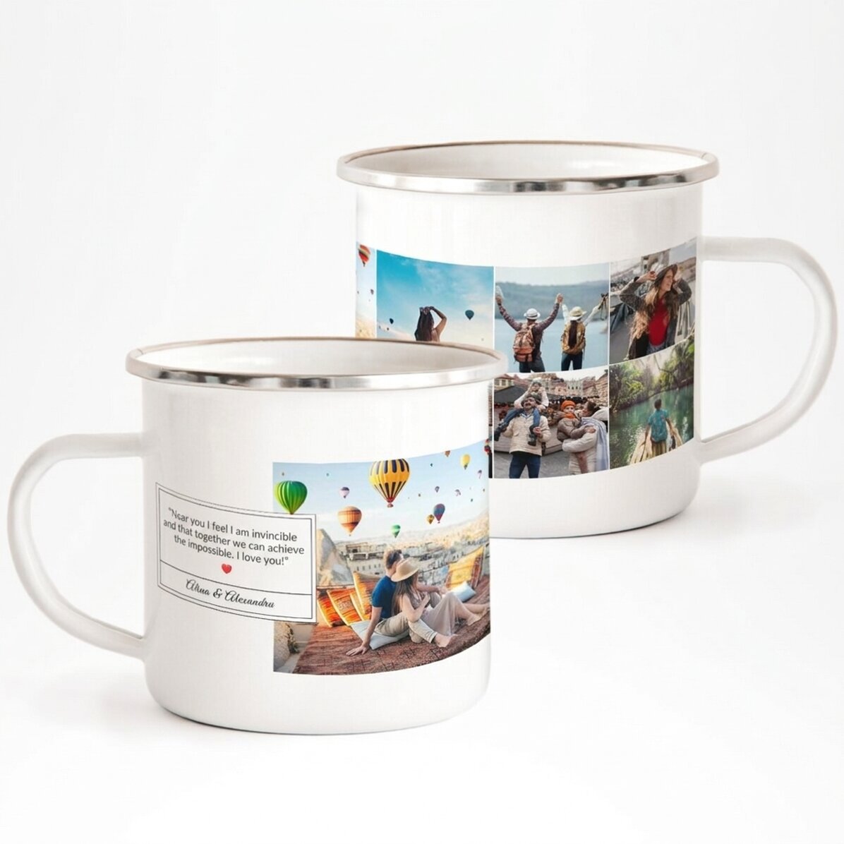 Enamelled metal mug with 6 photos and message