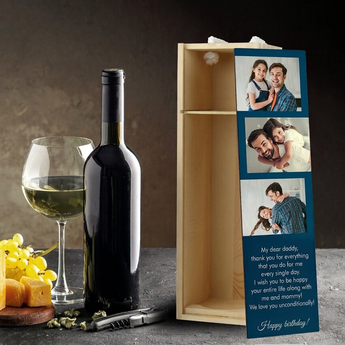 Personalised wine box with 3 photos and text for your loved ones
