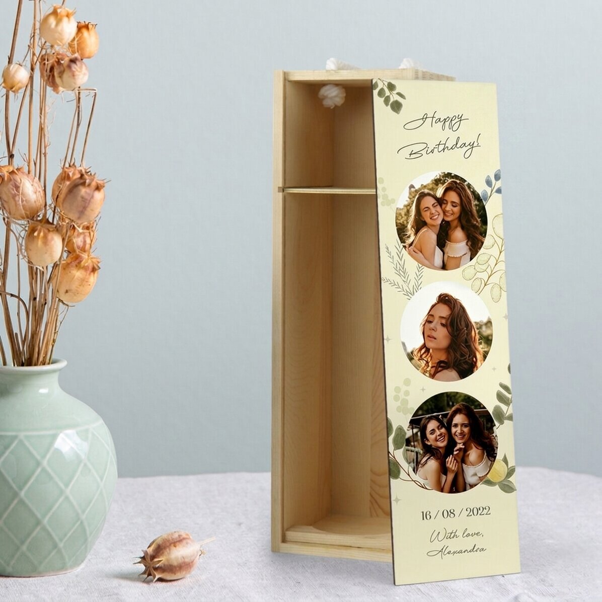 Personalised wine box with 3 photos and text - For her