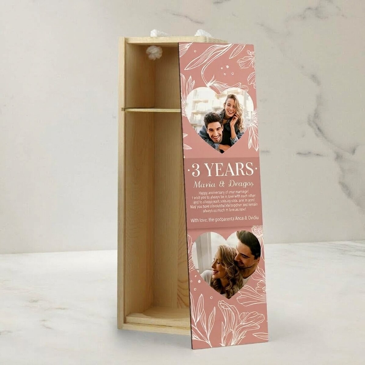 Personalised wine box with text and 2 photos - Wedding anniversary