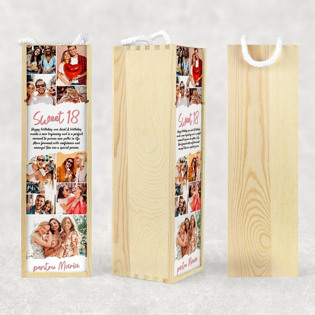 Personalised wine box with text and 9 photos for a birthday - Sweet 18