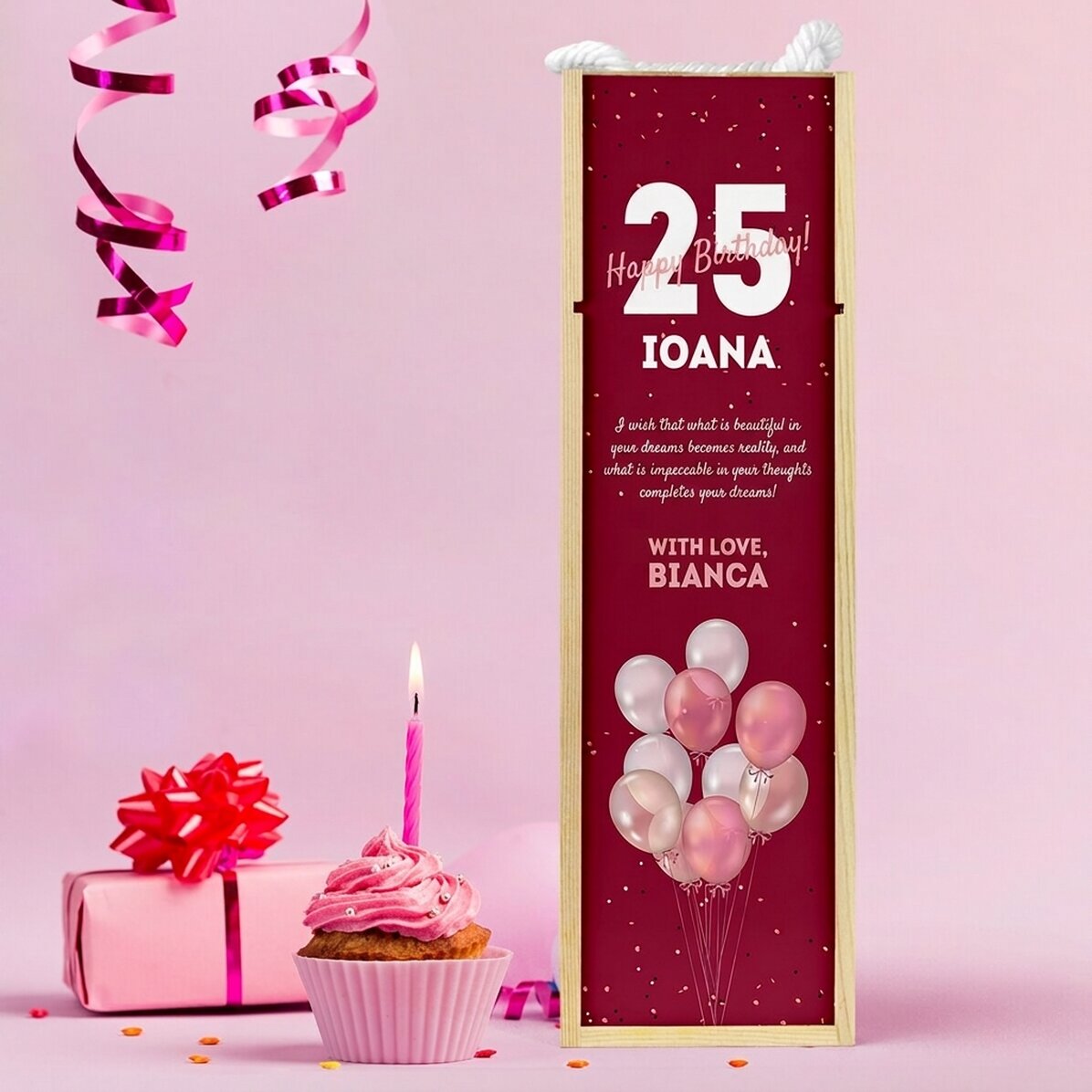 Personalised wine box with birthday text - Balloons
