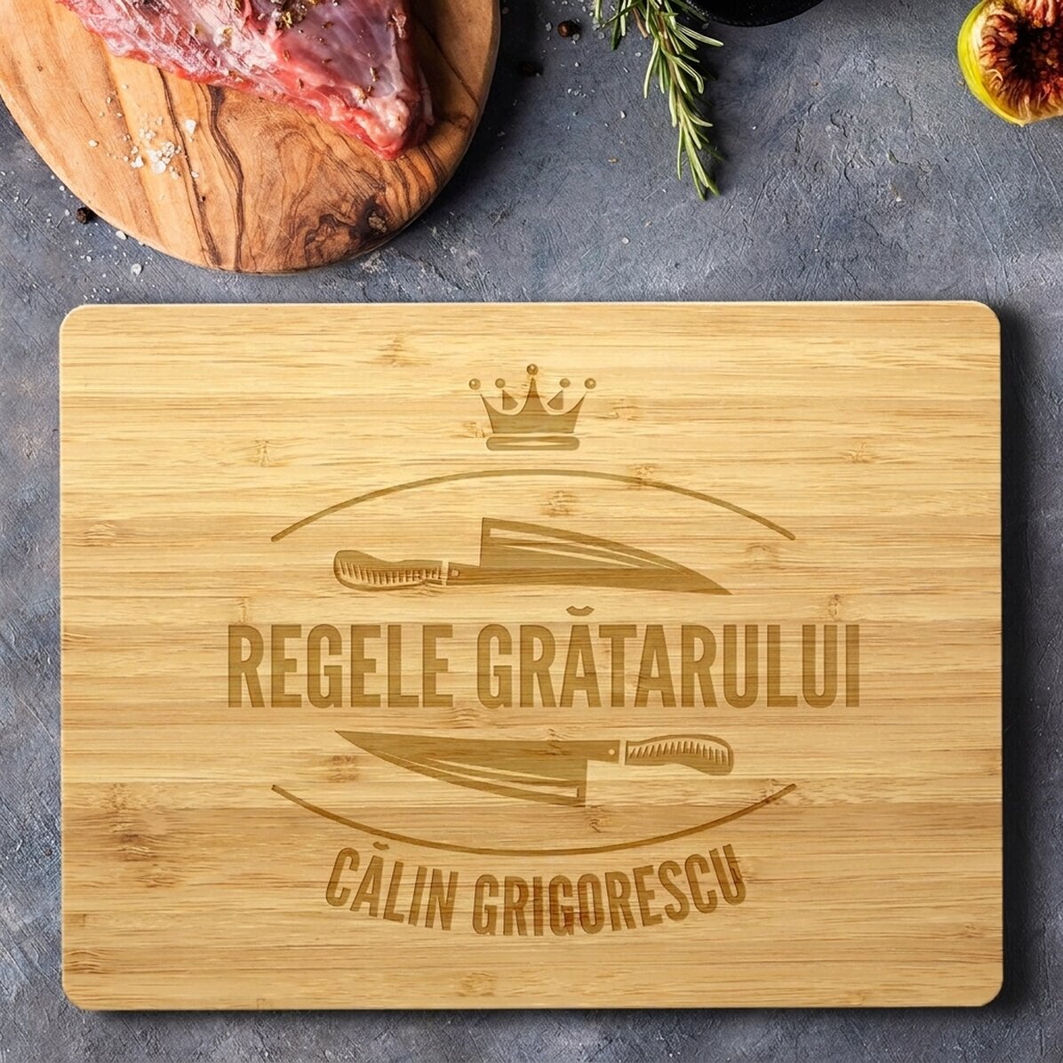 Customised rectangular bamboo chopping board with text - King of the grill