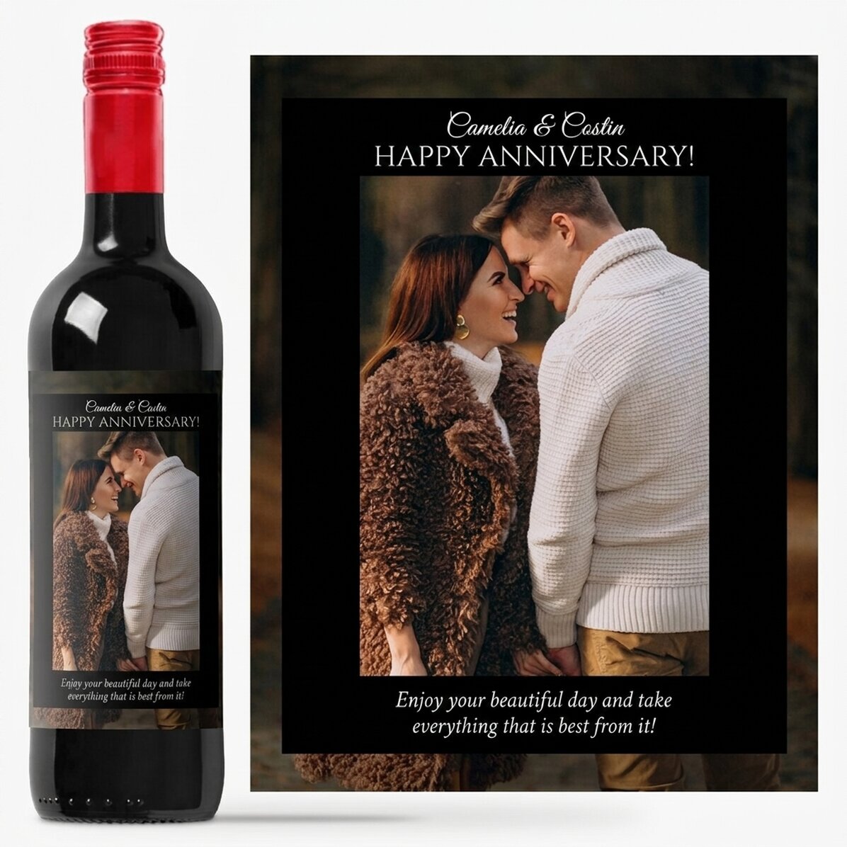 Personalised wine with text and photo for anniversaries