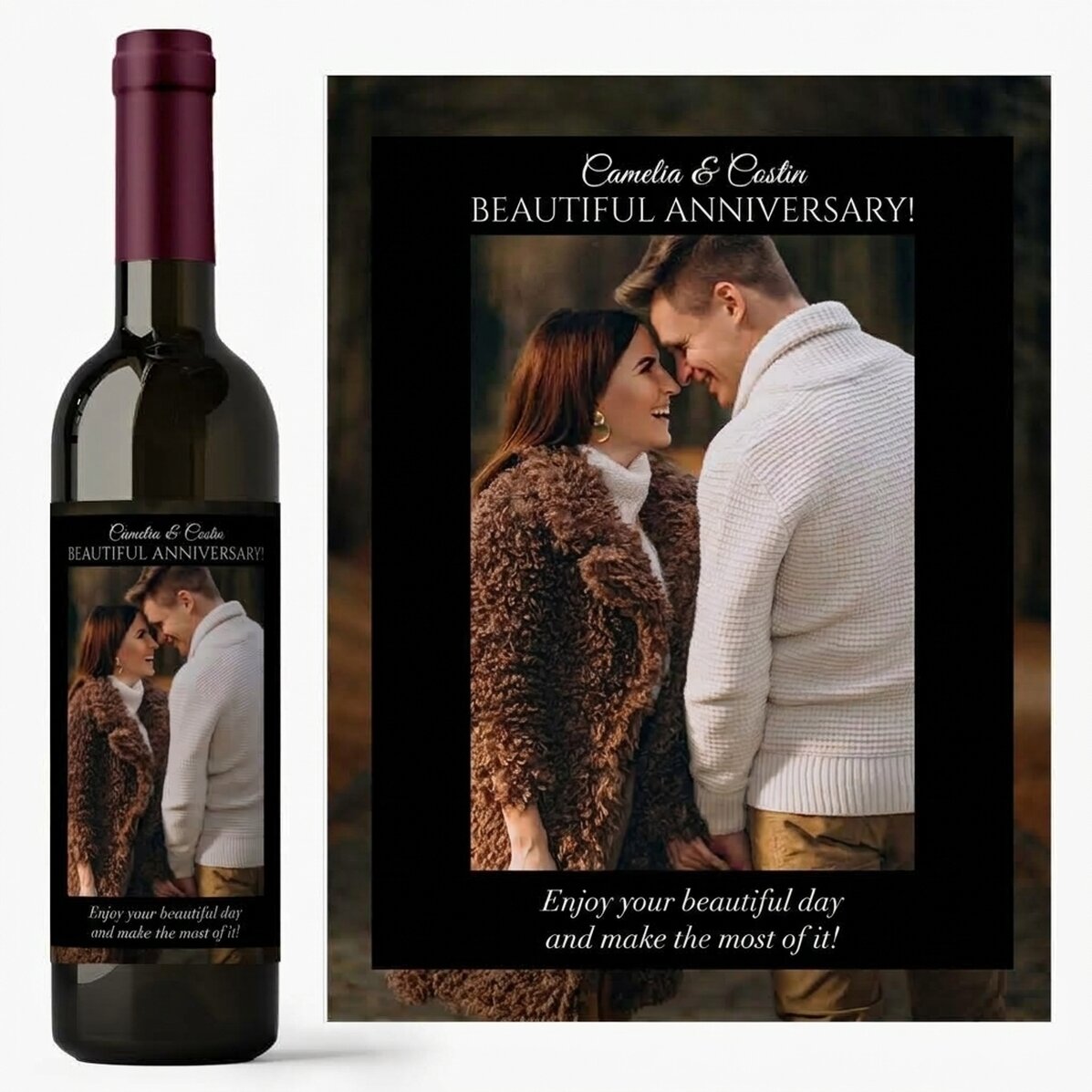 Personalised wine with text and photo for anniversaries