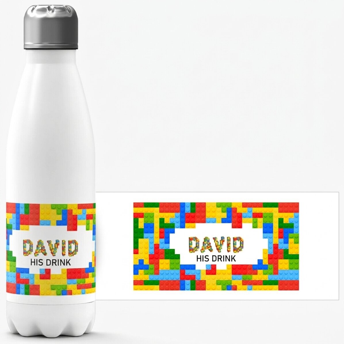 Thermos with white base personalised with name - Lego