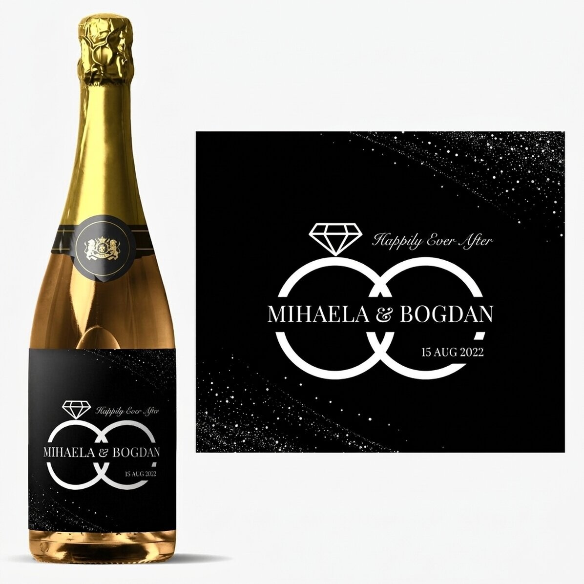 Personalised sparkling wine with name and text for weddings