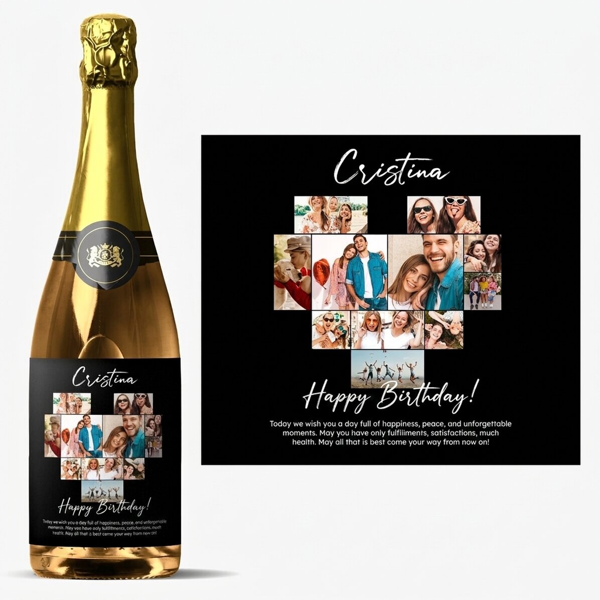 Personalised sparkling wine with 11 photos and message