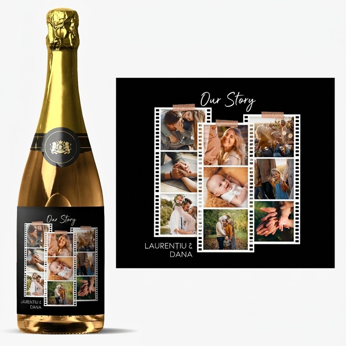 Personalised sparkling wine with 9 photos and message - Photos on film