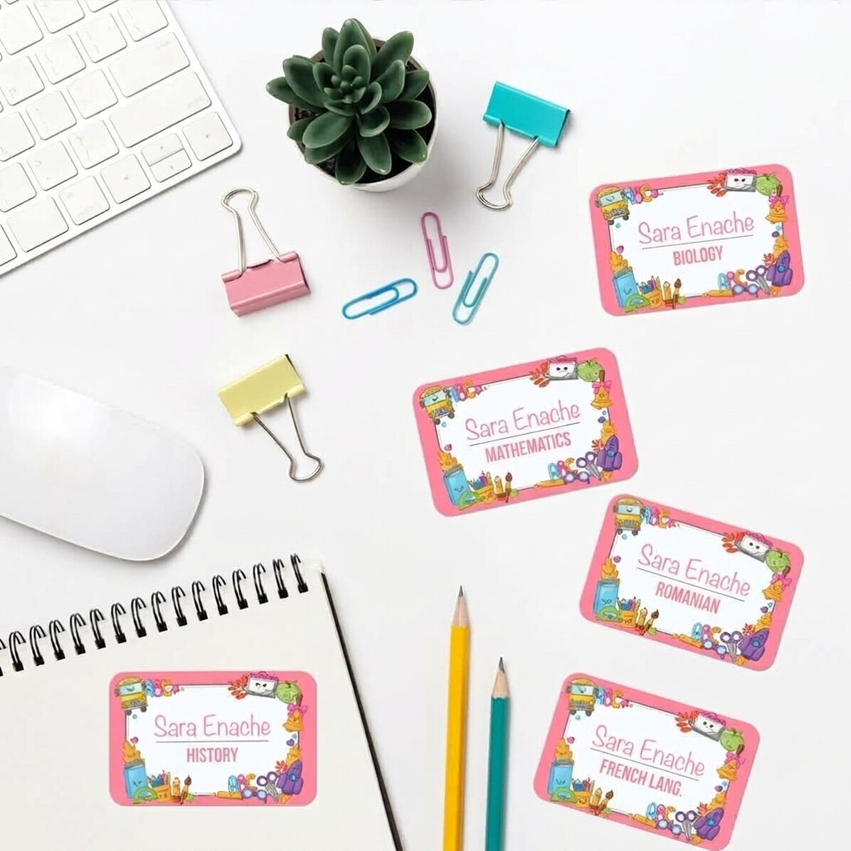 Set of 8 customised stickers (self-adhesive labels) for school with text - Back to school