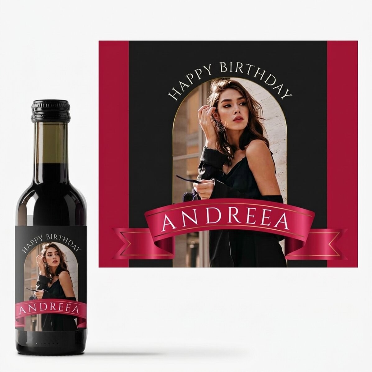 Mini wine bottle personalised with a photo and text - Ribbon