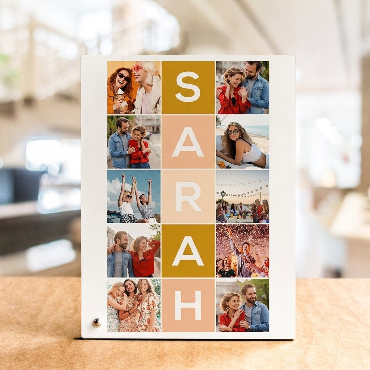 Personalised desk photo frame with 10 photos and 5-letter name vertically